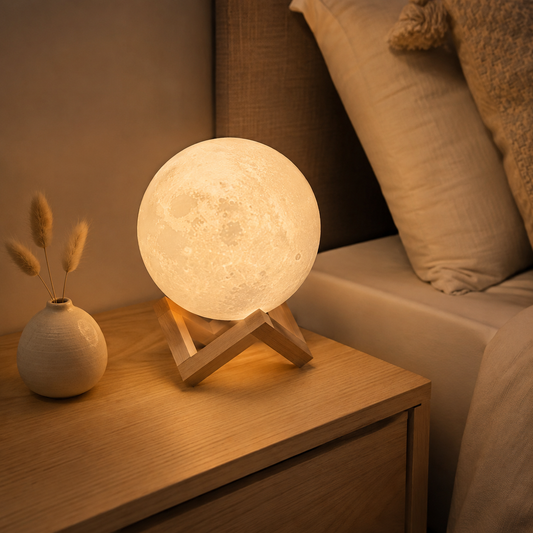 Lámpara Luna 3D con Base de Madera