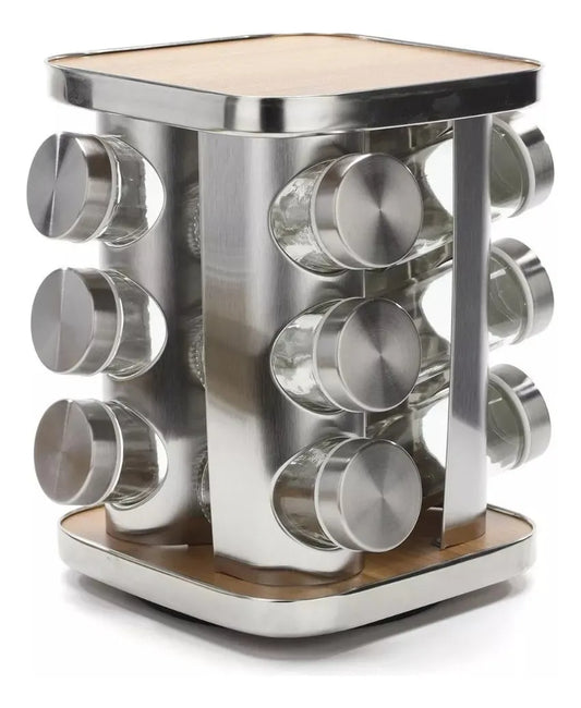 Especiero Giratorio con 12 Frascos de Vidrio Condimentero de Acero Inoxidable y Madera Cocina