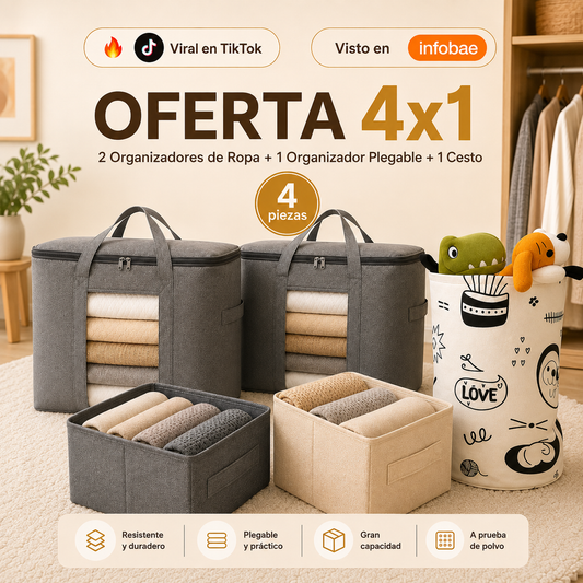 Oferta 4x1 | 2 Organizadores de Ropa + 1 Organizador Plegable + 1 Cesto